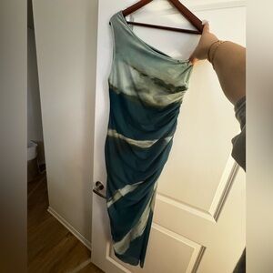 SHEIN One Shoulder Teal and Cream Dress